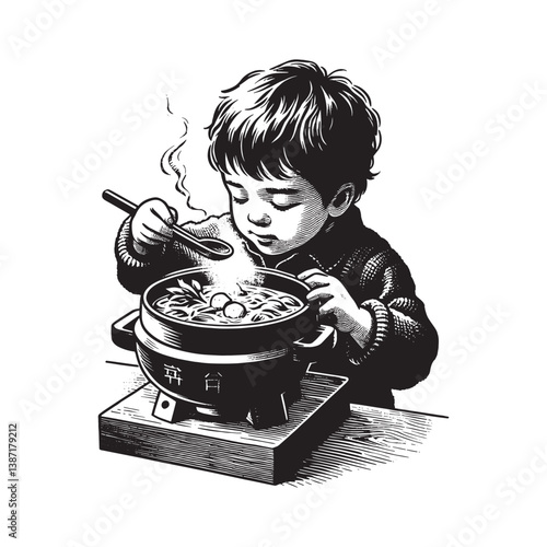 Engrossed little boy enjoying a steaming bowl of soup in monochrome drawing