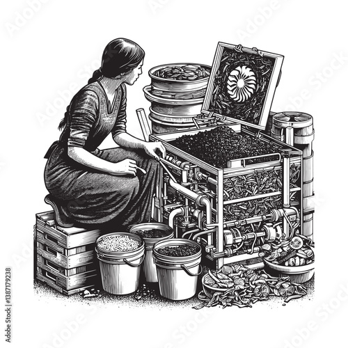 Engraving-style illustration of sustainable waste management and composting