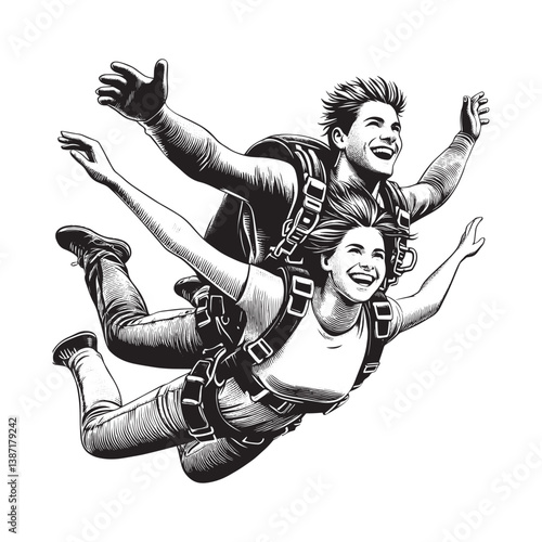 Enthusiastic skydiving couple portrayed in vintage woodcut style artwork
