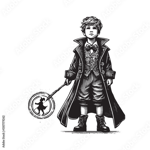 Enigmatic young sorcerer in antique attire wielding magical sphere engraving