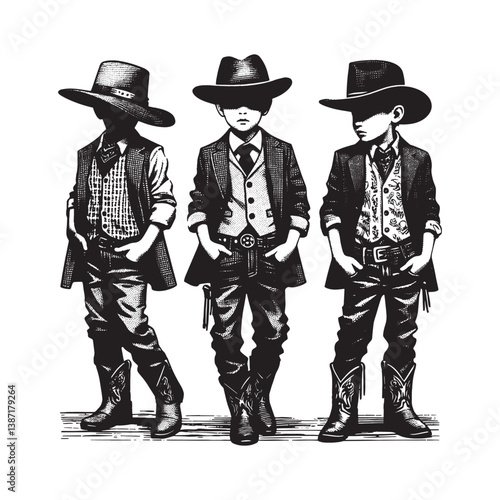 Enigmatic youngsters in Western attire captured in detailed woodcut linework