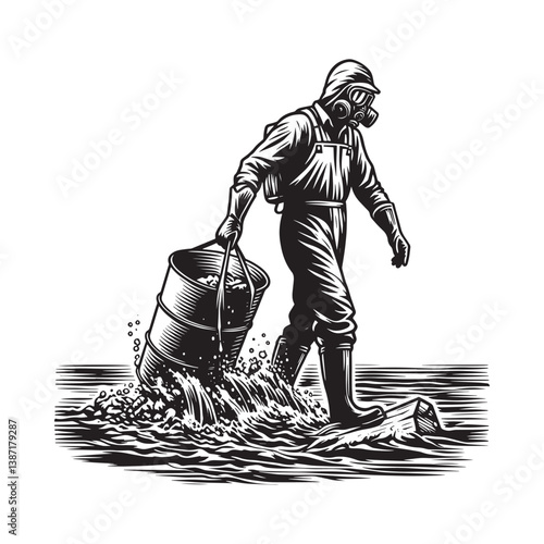 Environmental negligence a masked figure dumps toxic waste in river with woodcut style
