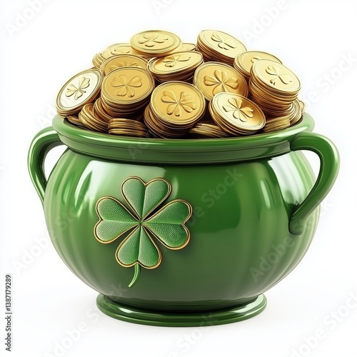 Lucky Green Pot Overflowing with Golden Coins and Shamrocks on a Bright Sunny Day

