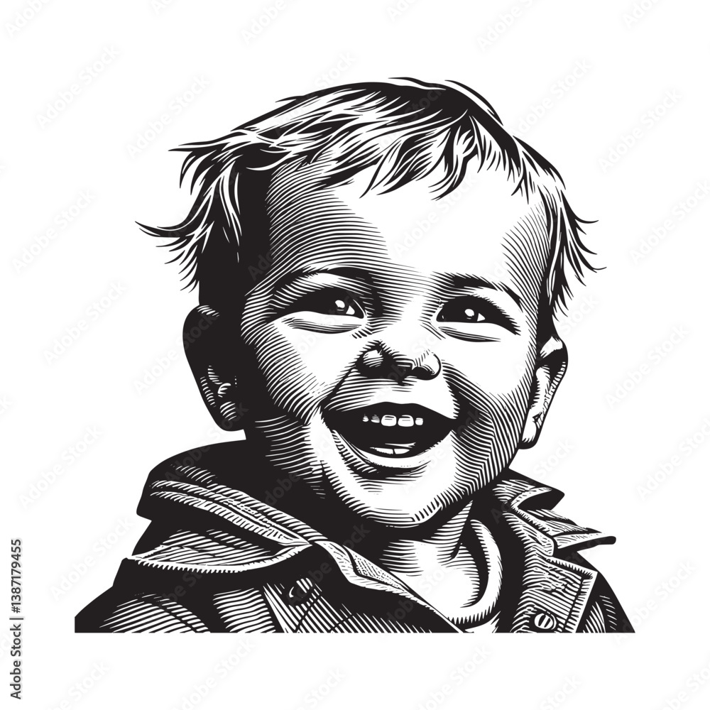 Fototapeta premium Expressive woodcut illustration of a baby radiating pure joy with infectious smile