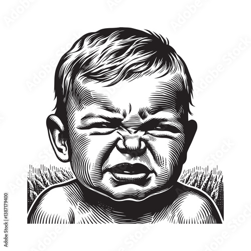 Expressive baby portrait in detailed monochrome woodcut style drawing