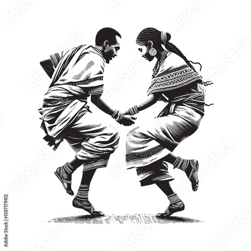 Ethiopian couple exhibiting rhythmic eskista dance with poised elegance