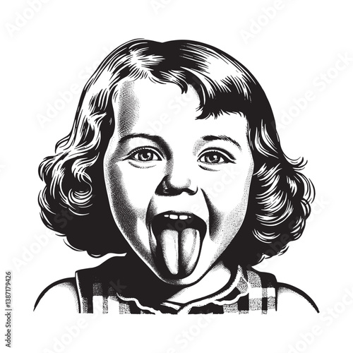 Expressive girl engraving showing funny gesture with playful tongue