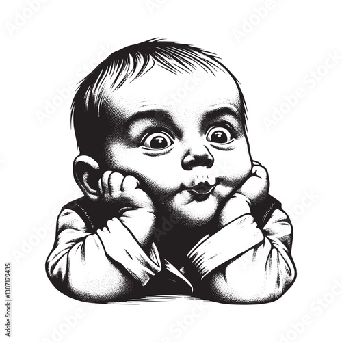 Expressive infant illustration in woodcut style with comical expression