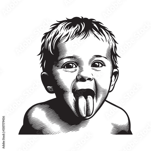Expressive toddler showcasing lighthearted mischief with sticking out his tongue
