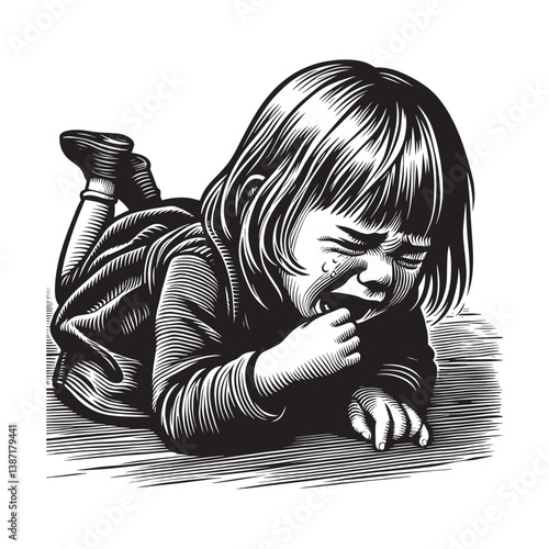 Expressive monochrome drawing of a young girl feigning tears on the floor