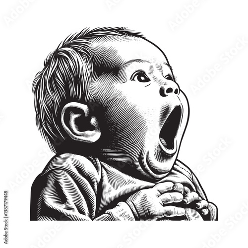 Expressive infant,s wide-eyed astonishment captured in meticulous monochrome linework