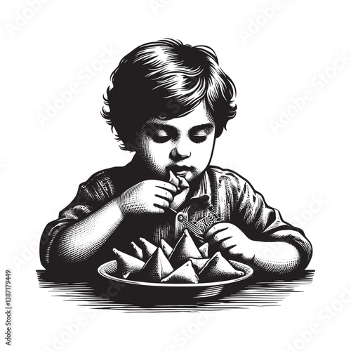 Expressive monochrome illustration of a child savoring spicy triangular pastries