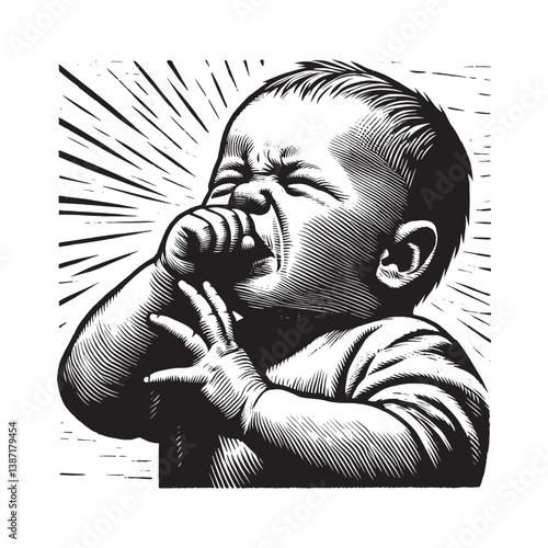 Expressive woodcut drawing depicting a baby,s reaction to a tiny sneeze
