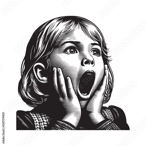 Expressive Woodcut Illustration of a Shocked Young Girl with Open Mouth