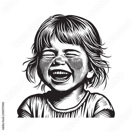 Expressive woodcut illustration of a girl experiencing hearty and joyful laughter