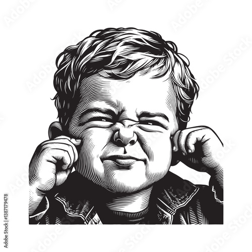 Expressive young boy playfully scrunching nose in a woodcut style drawing