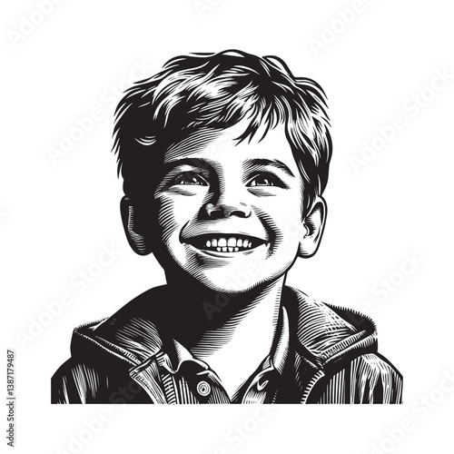 Expressive woodcut illustration capturing the joyful essence of childhood grin