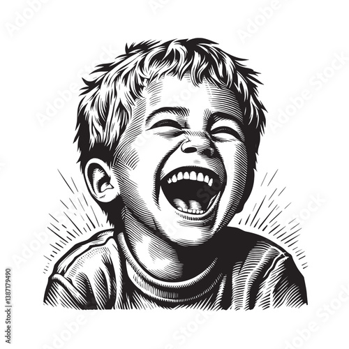 Expressive woodcut illustration of a gleeful young boy in unrestrained laughter