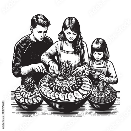 Family creates artful smoothie bowls with fresh ingredients woodcut design