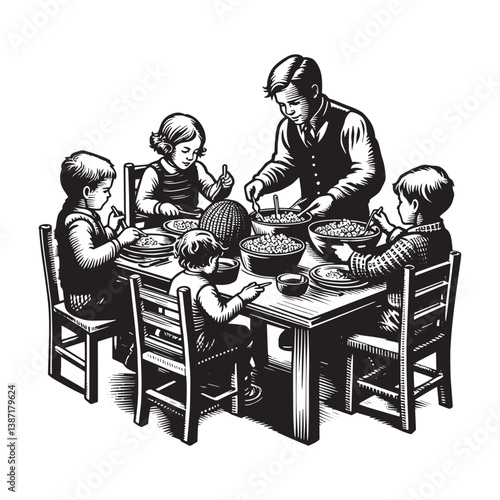 Family gathered for shared meal in rustic woodcut illustration style