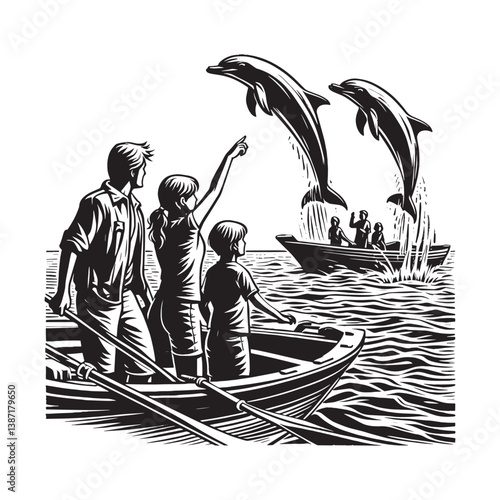Family outing to observe dolphins leaping, rendered in traditional woodcut style
