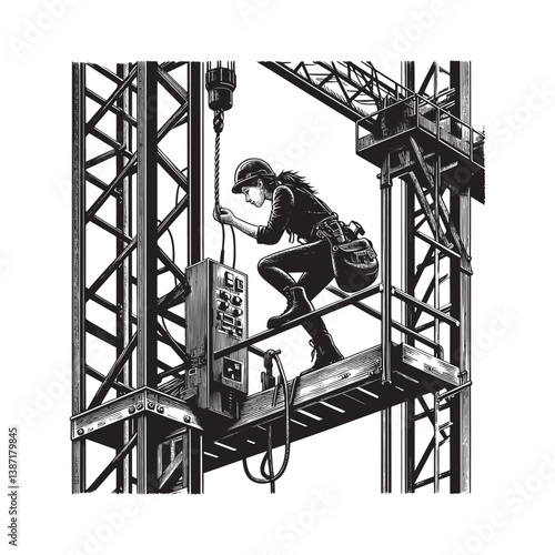 Female technician performing maintenance on industrial crane equipment aloft