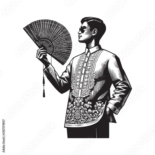 Filipino elegance depicted in barong tagalog with woven fan art style