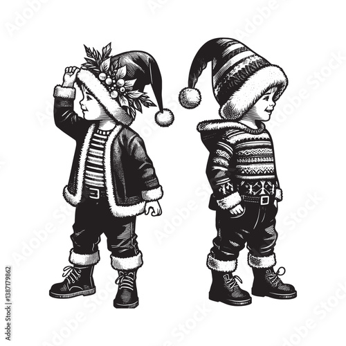 Festive youngsters in vintage apparel rendered in monochrome woodcut style
