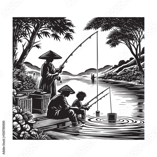 Generational fishing trio enjoys tranquil pastime riverbank serene family scene