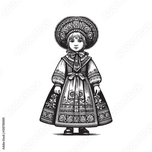Girl in elaborate traditional costume with floral patterns monochrome drawing
