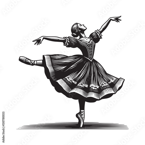 Graceful ballerina in expressive dance illustration with woodcut aesthetic