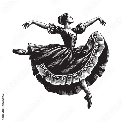 Graceful ballerina captured in a dynamic dance pose with woodcut drawing style