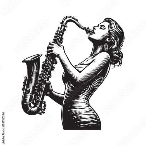 Harmonic convergence a saxophone virtuoso creating sound in woodcut style