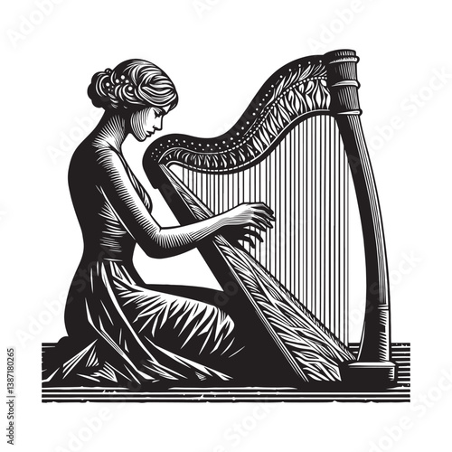 Harmonic resonance of a harpist, artistic expression in woodcut style