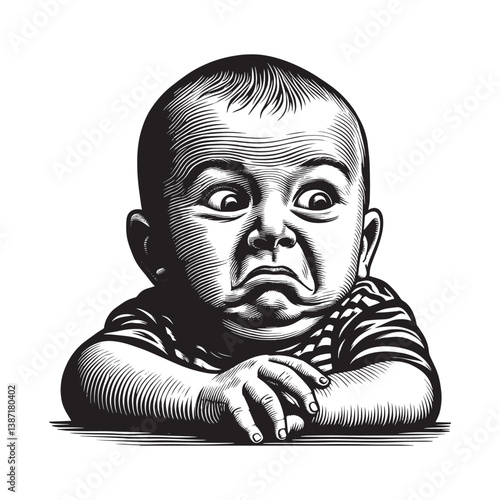 Humorous portrayal of a baby,s surprised expression in vintage engraving style