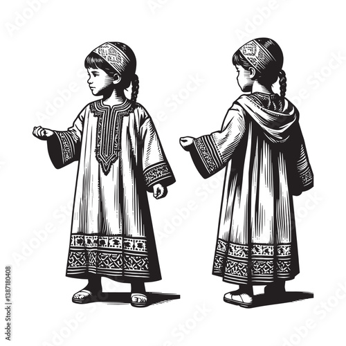 Illustration featuring a girl wearing a Moroccan Djellaba with front and back views