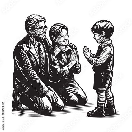 Illustration of a child greeting parents with traditional gesture in woodcut style