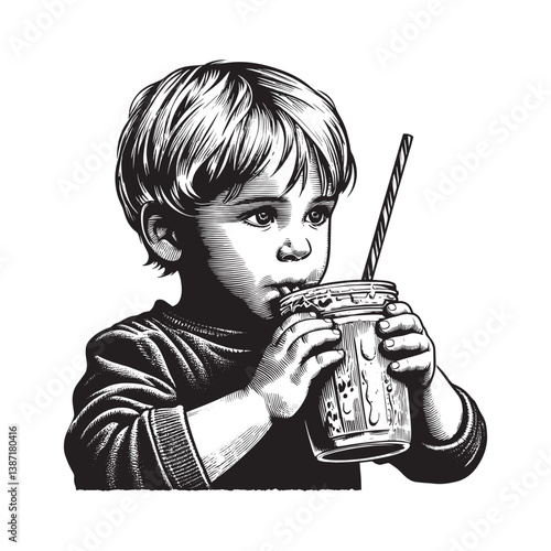 Illustrated young boy drinking smoothie with straw in woodcut drawing style