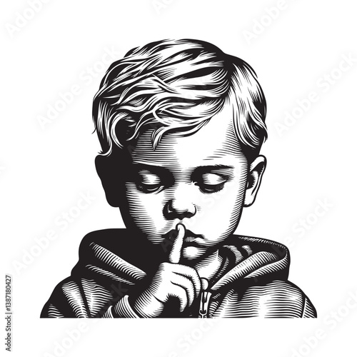Illustration of a determined child asking for silence in woodcut style art
