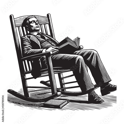 Illustration of a gentleman relaxing in a rocking chair with a book