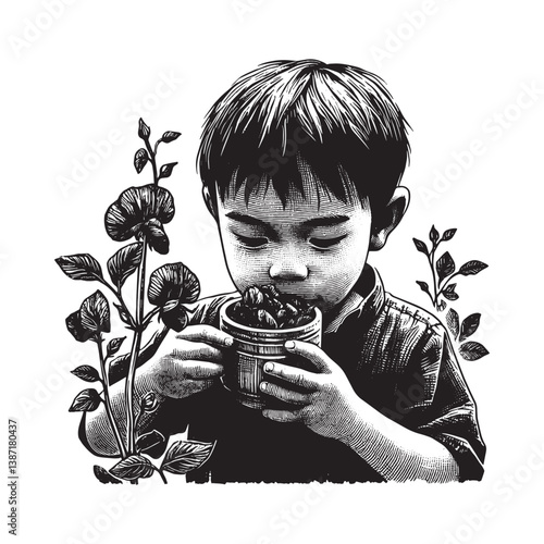 Illustration of a child enjoying blue pea flower tea in a woodcut style drawing