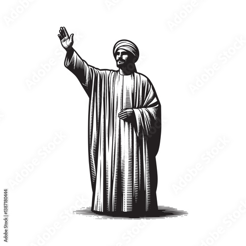 Illustration of a traditionally dressed man offering a welcoming gesture