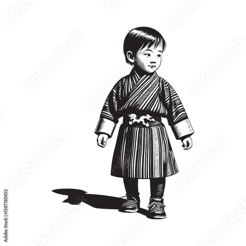 Illustration of a Little Boy Adorned in Traditional Bhutanese Gho Attire
