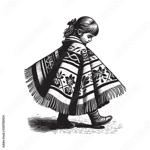 Illustration of a little girl in a traditional poncho with woodcut style