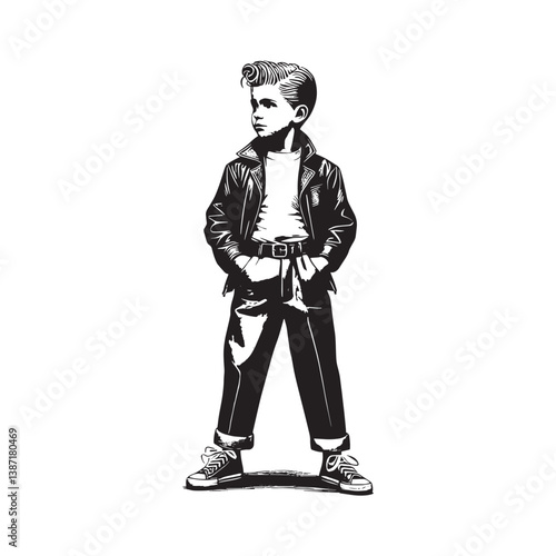 Illustration of a young boy sporting a vintage greaser fashion style