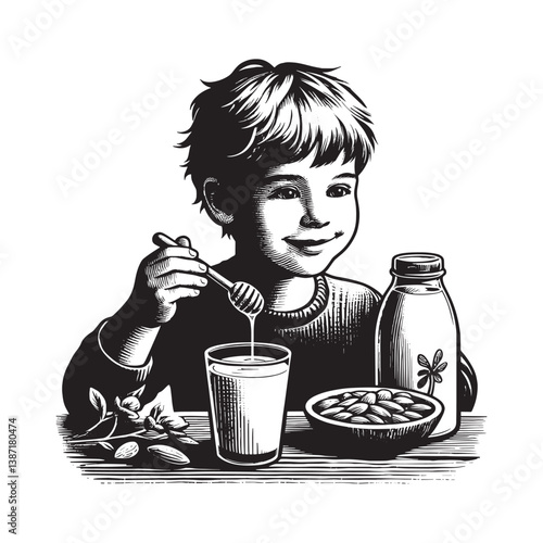 Illustration of a young boy savoring almond milk with honey in a detailed woodcut style