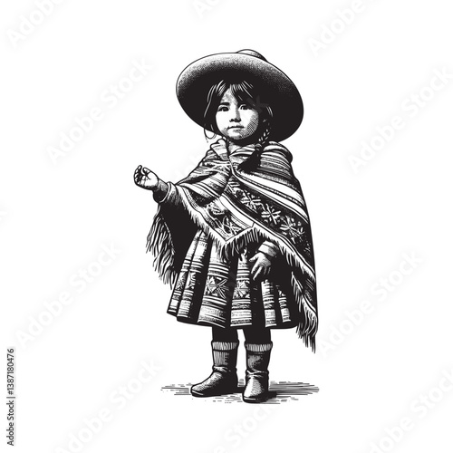 Illustration of a girl wearing traditional peruvian clothing hat and poncho