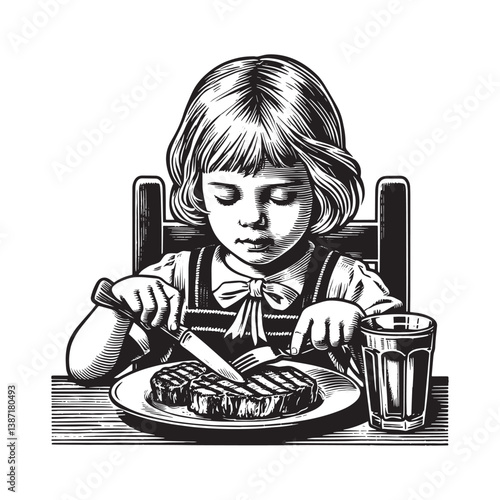 Illustration of a young girl thoughtfully enjoying a steak dinner indoors