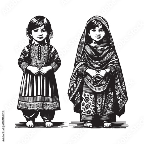 Illustrative depiction of two young girls in traditional Bangladeshi attire