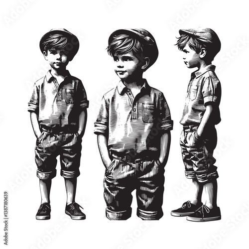 Illustrative depiction of a young boy in vintage style attire multiple views